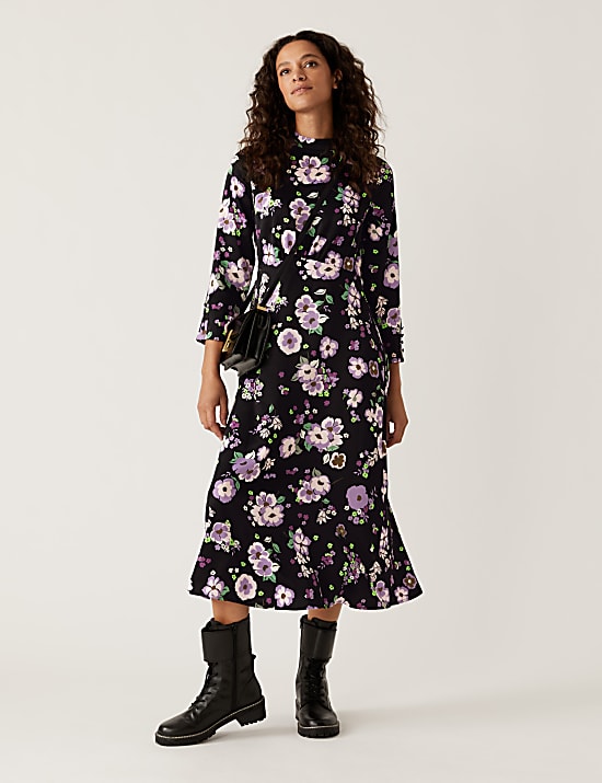 Satin Floral Button Detail Midi Dress