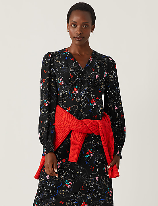 Floral V-Neck Blouson Sleeve Midi Tea Dress