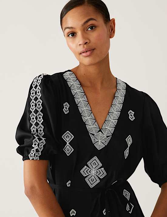 Embroidered V-Neck Midi Tiered Dress