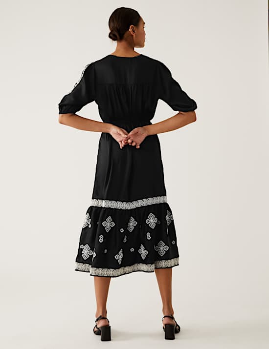 Embroidered V-Neck Midi Tiered Dress