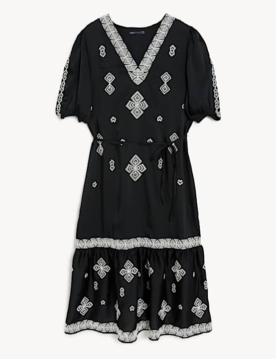 Embroidered V-Neck Midi Tiered Dress