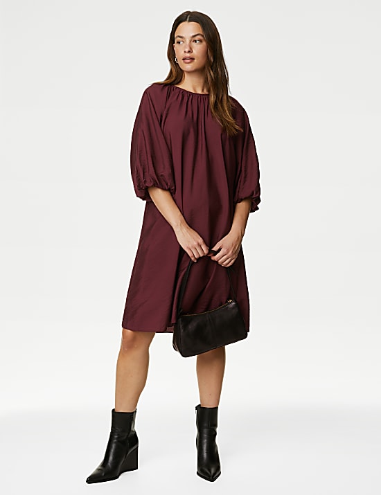 Puff Sleeve Knee Length Shift Dress
