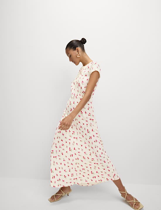 Geblümtes Midaxi-Teekleid mit Bindekragen