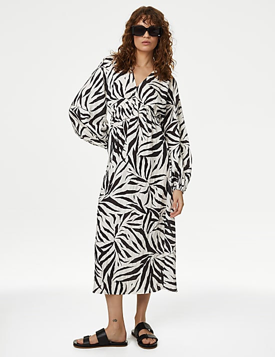 Gaun Midi Untuk Acara Minum Teh Kerah V Bermotif