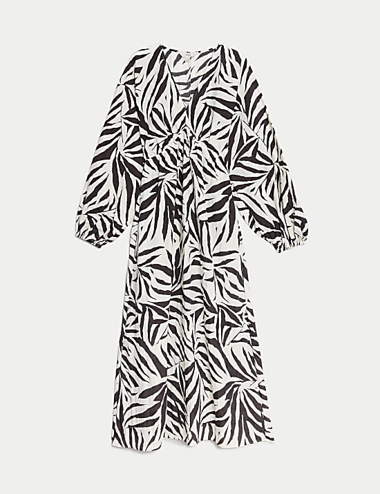 Gaun Midi Untuk Acara Minum Teh Kerah V Bermotif