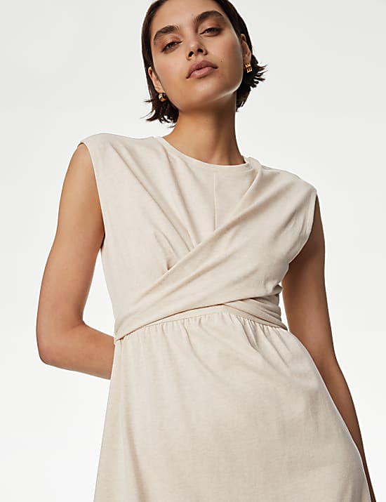 Pure Cotton Round Neck Midi Wrap Dress