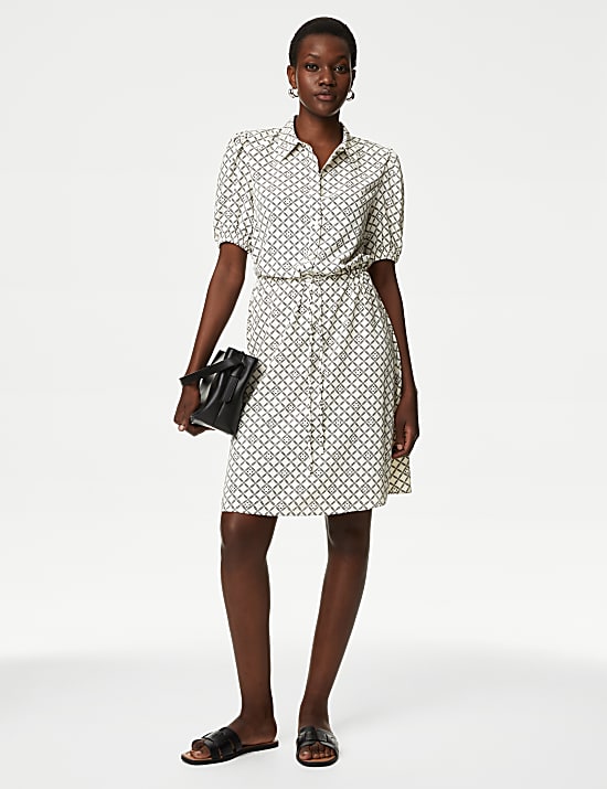 Printed Collared Tie Waist Mini Shirt Dress