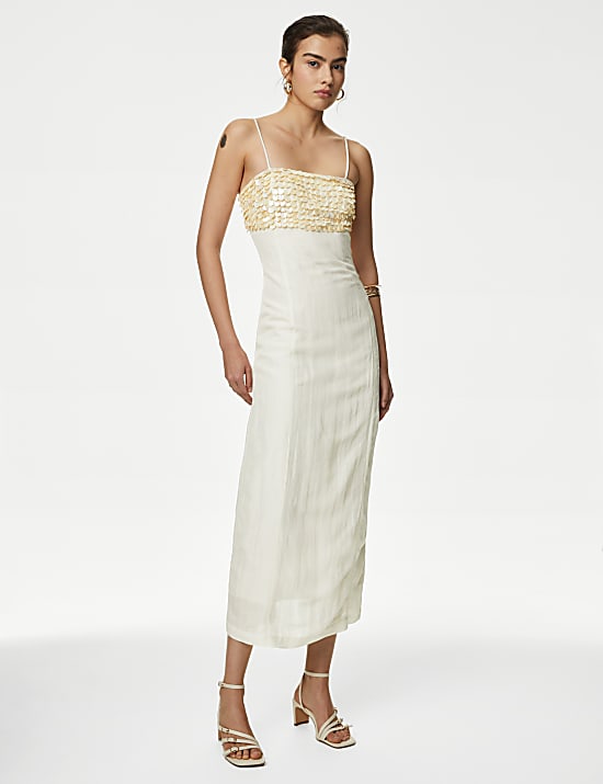 שמלת מידקסי מעוטרת בגזרה ישרה וצמודה מתערובת פשתן