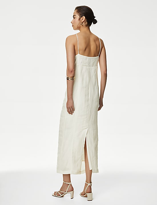 שמלת מידקסי מעוטרת בגזרה ישרה וצמודה מתערובת פשתן