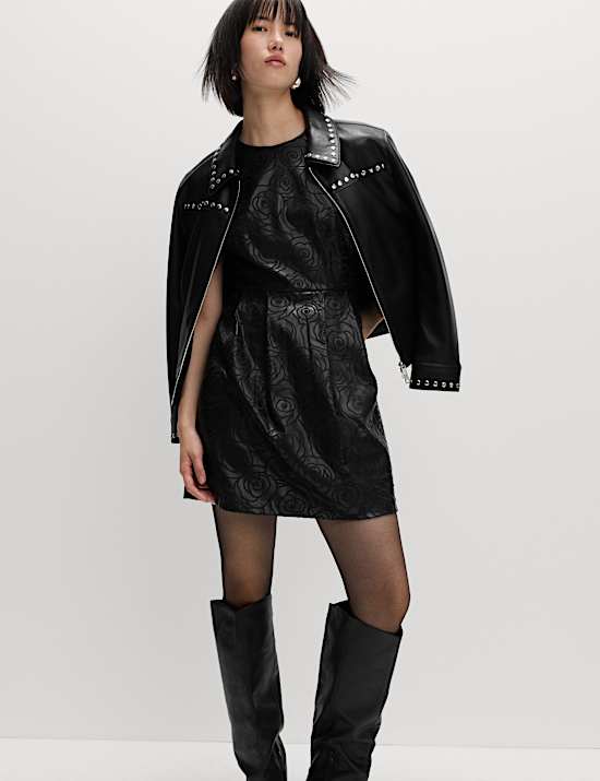 Faux Leather Embossed Crew Neck Mini Smock Dress
