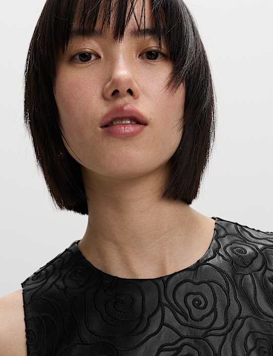 Faux Leather Embossed Crew Neck Mini Smock Dress