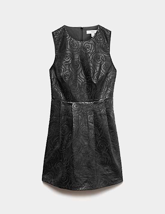 Faux Leather Embossed Crew Neck Mini Smock Dress