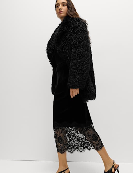 Velvet Lace Detail Midi Pencil Skirt