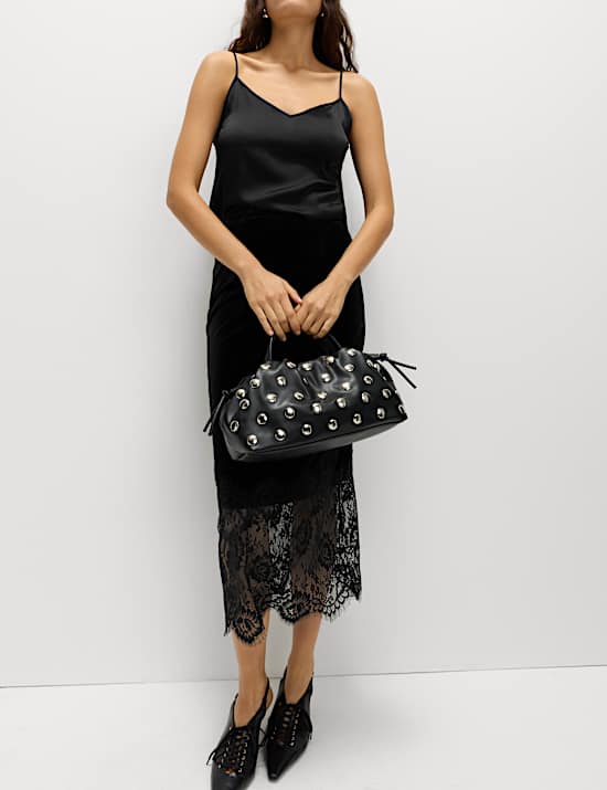 Velvet Lace Detail Midi Pencil Skirt