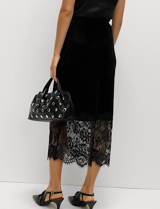 Velvet Lace Detail Midi Pencil Skirt