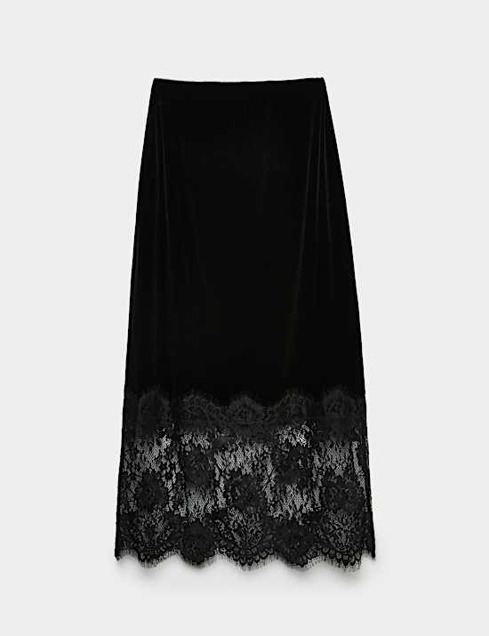 Velvet Lace Detail Midi Pencil Skirt