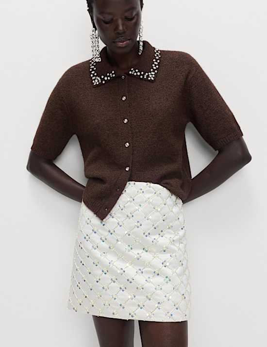 Satin Embellished Mini A-Line Skirt