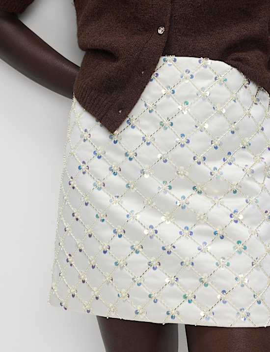 Satin Embellished Mini A-Line Skirt