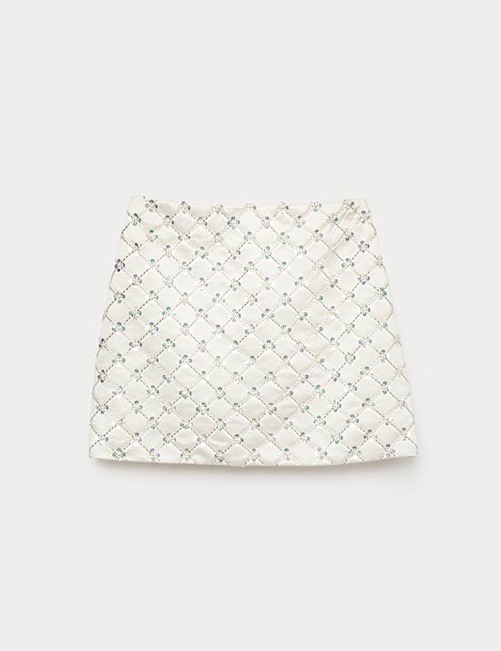 Satin Embellished Mini A-Line Skirt