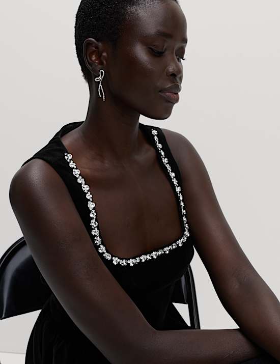 Cotton Rich Velvet Embellished Mini Skater Dress