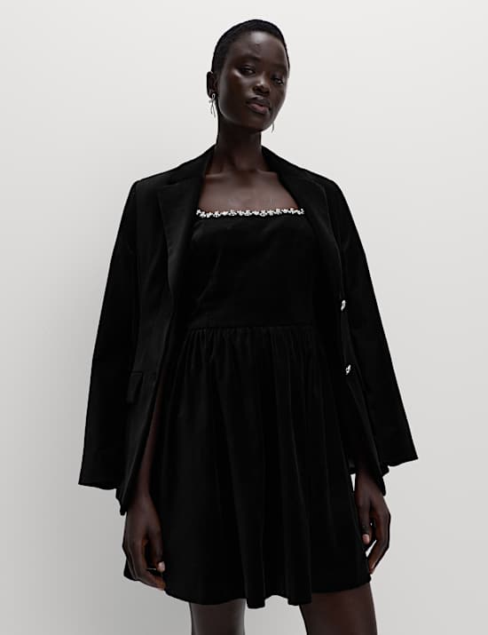 Cotton Rich Velvet Embellished Mini Skater Dress