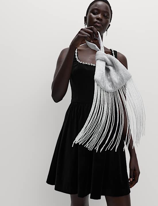 Cotton Rich Velvet Embellished Mini Skater Dress