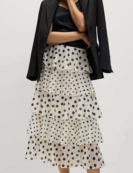 Lyocell Rich Polka Dot Ruffle Midaxi Skirt