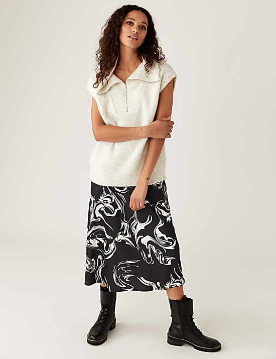 Satin Marble Print Midi Slip Skirt