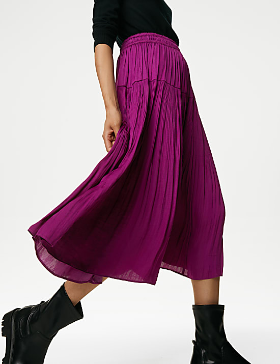 Satin Plisse Midi Pleated Skirt