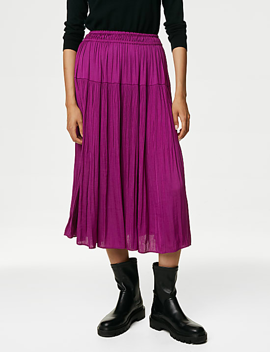 Satin Plisse Midi Pleated Skirt