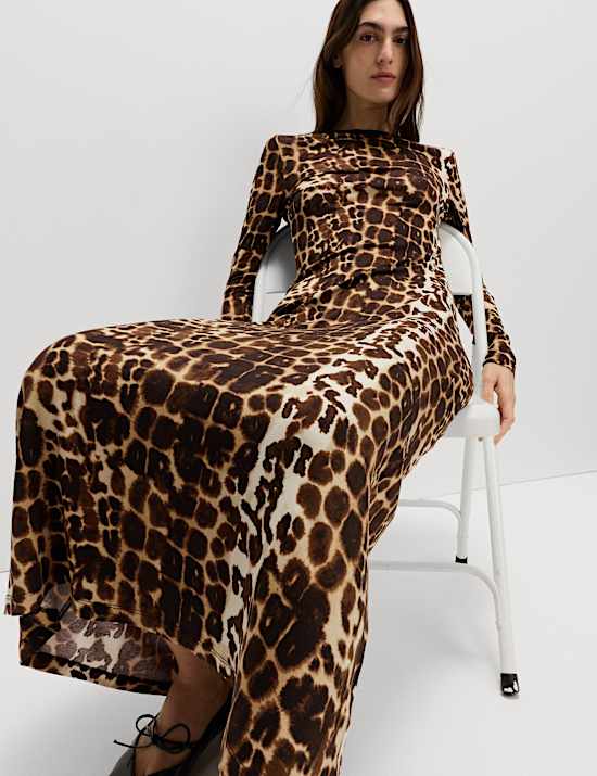 Jersey Animal Print Long Sleeve Maxi Dress