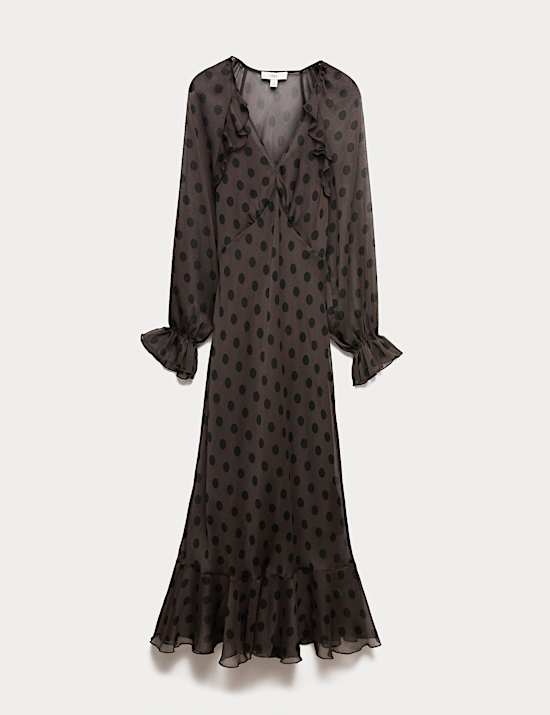 Robe midaxi &agrave; col en V, volant et motif pois