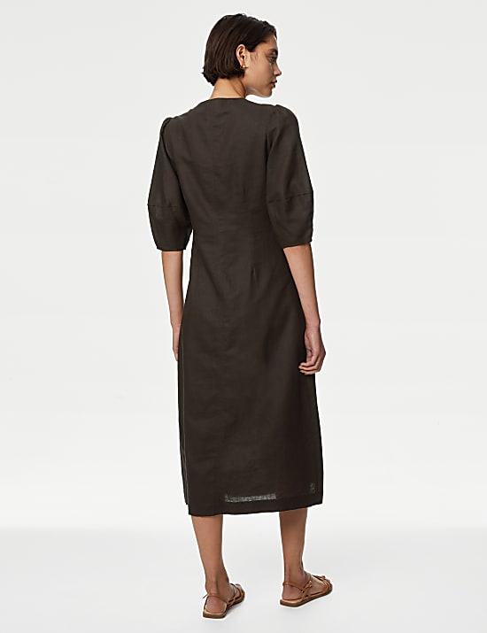 Linen Rich V-Neck Midi Tea Dress