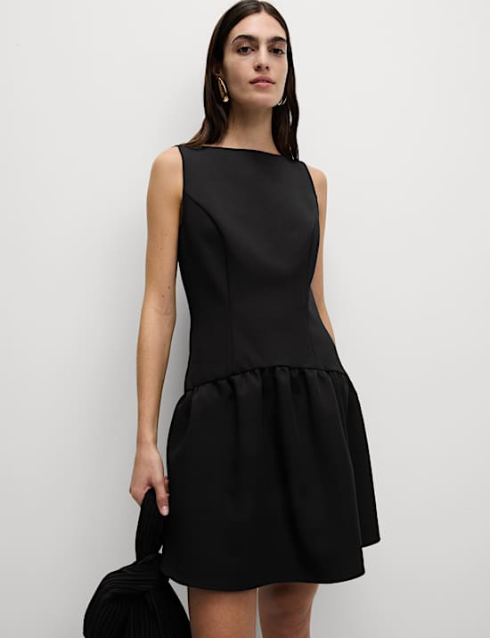 Round Neck Dropped Waist Mini Skater Dress