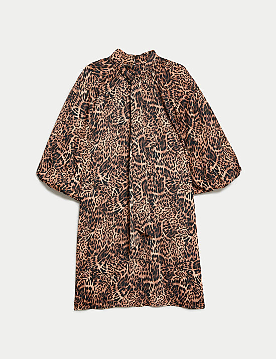 שמלה רב-עונתית באורך מיני עם הדפס חיות וקשירה בצווארון