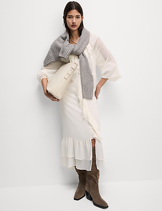 V-Neck Frill Detail Midaxi Smock Dress