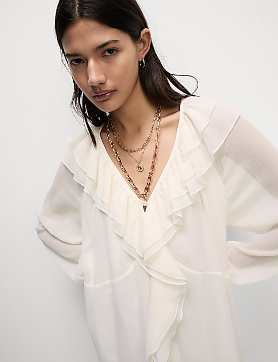 V-Neck Frill Detail Midaxi Smock Dress