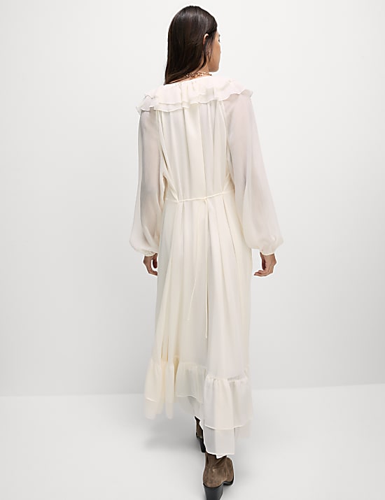 V-Neck Frill Detail Midaxi Smock Dress