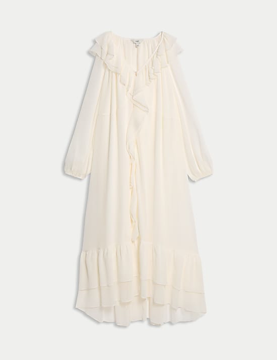 V-Neck Frill Detail Midaxi Smock Dress