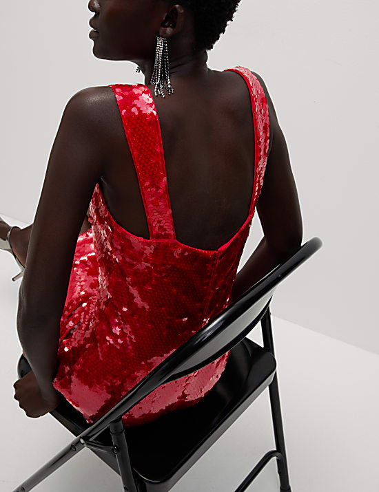 Gaun Terusan Mini Leher Persegi Payet