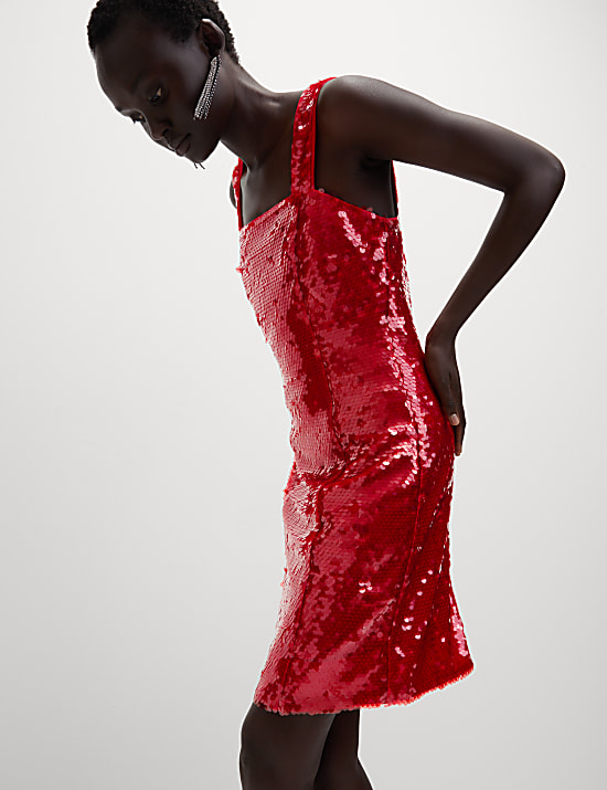 Gaun Terusan Mini Leher Persegi Payet