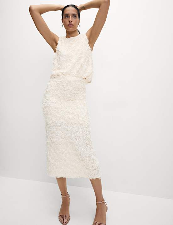 Disc Sequin Split Back Midi Pencil Skirt