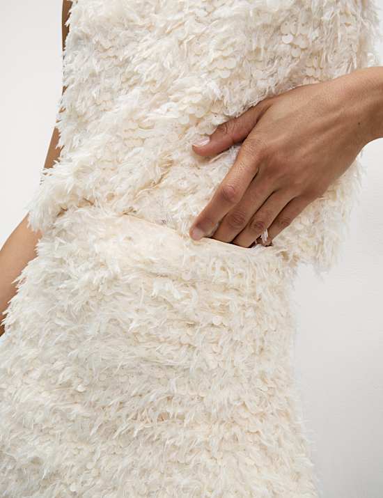 Disc Sequin Split Back Midi Pencil Skirt