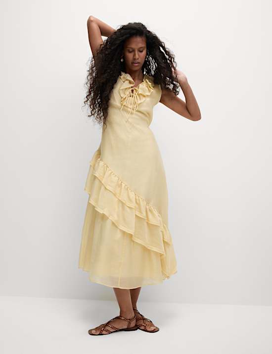 Lyocell Rich Ruffle Midi Column Dress