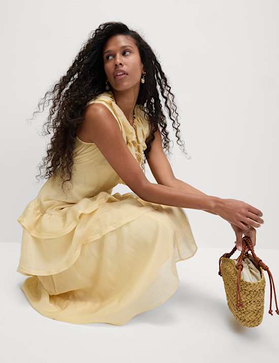 Lyocell Rich Ruffle Midi Column Dress