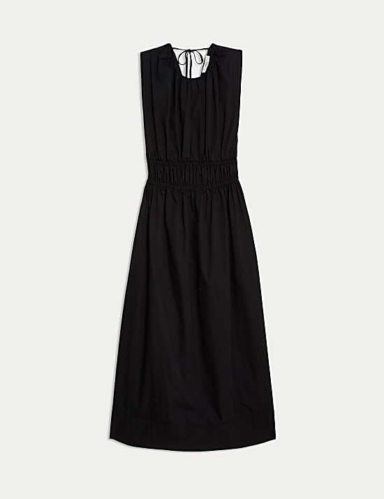 Robe midi 100 % coton &agrave; taille ajust&eacute;e