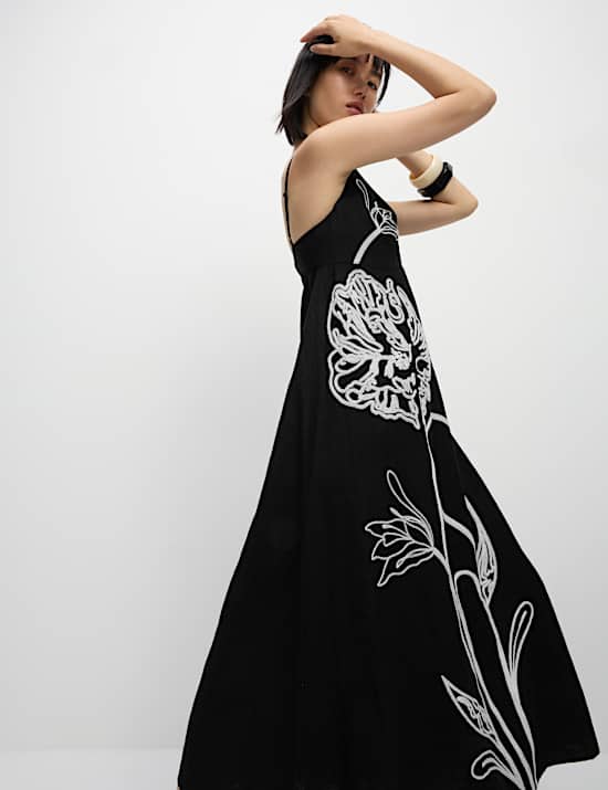 Linen Blend Embroidered V-Neck Slip Dress