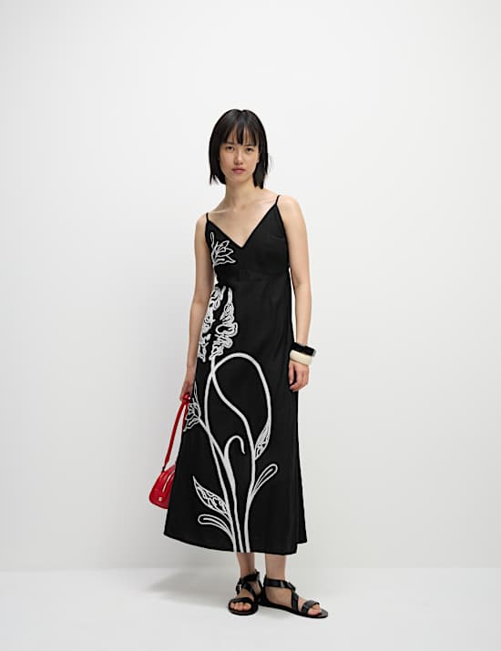 Linen Blend Embroidered V-Neck Slip Dress