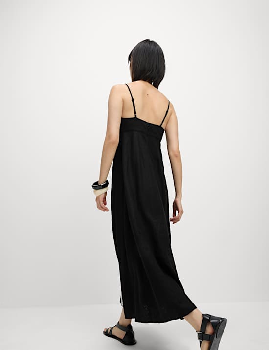 Linen Blend Embroidered V-Neck Slip Dress