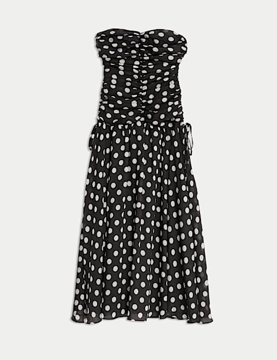 Lyocell Rich Polka Dot Sweetheart Neckline Maxi Waisted Dress